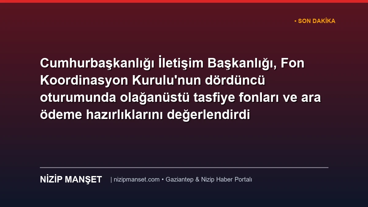 Cumhurbaşkanlığı İletişim Başkanlığı, Fon Koordinasyon Kurulu'nun dördüncü oturumunda olağanüstü tasfiye fonları ve ara ödeme hazırlıklarını değerlendirdi
